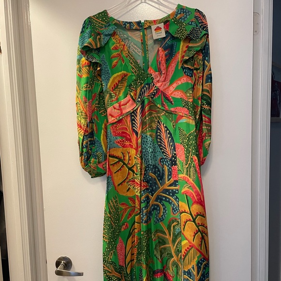 Farm rio forest green dress midi puffy sleeves size small 4 6 - Picture 5 of 11